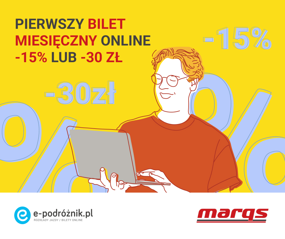 Pierwszy bilet miesięczny online -15% lub -30zł!