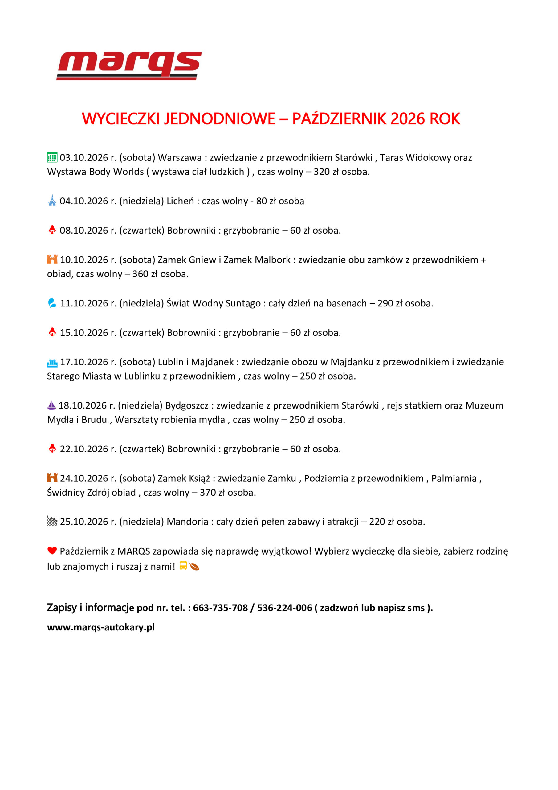 Wycieczki na&nbsp;Październik !!! Zapraszamy !